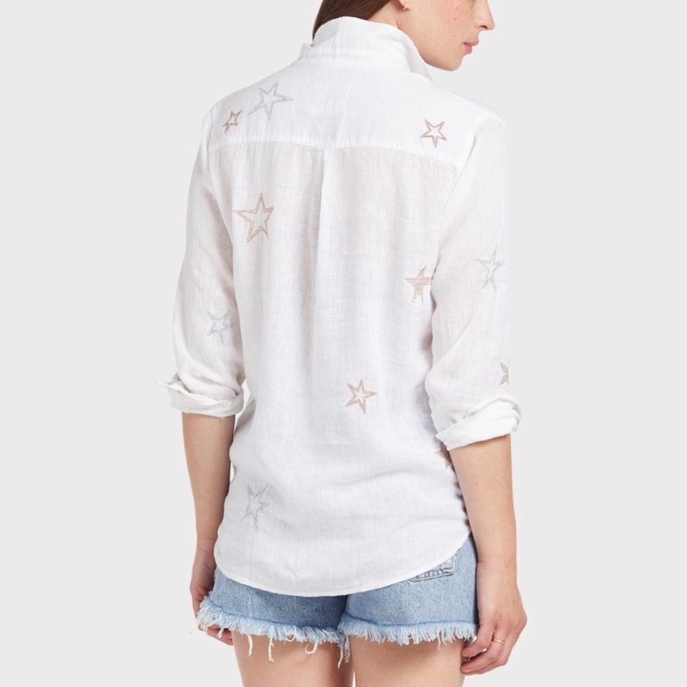 Rails Charli White Button Down Linen Rose Gold Embroidered Stars Sz Med - Picture 5 of 11